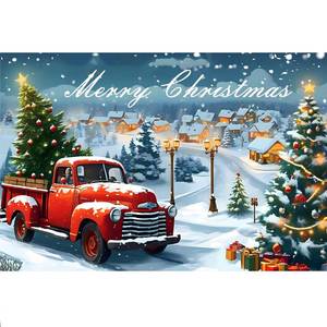 lot 2376 image: Christmas Backdrop 7x5FT, Red Truck Christmas Backdrops for Photography, Winter Xmas Snowy Village Photo Booth Background, Family Holiday Party Decoration Supplies