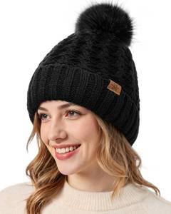 lot 2385 image: Trifabricy Womens Winter Hat Knit Crossed Cap Beanie Hats for Women Soft Warm Lined with Faxu Fur Pom Poms for Cold Weather Working Skiing Hiking Black