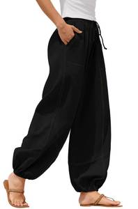 lot 2413 image: ZAFUL Women Linen Palazzo Pants Summer Drawstring Lounge Pant 2025 Travel Vacation Outfits with Pockets Black M