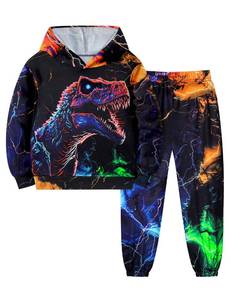 lot 2414 image: ADIFUN Toddler Boy Clothes 4T-5T Cool Neon Lightning T-Rex Print Dinosaur Boys Fall Winter Outfits Long-sleeved Hooded Sweatshirt Pants 2 Piece Set