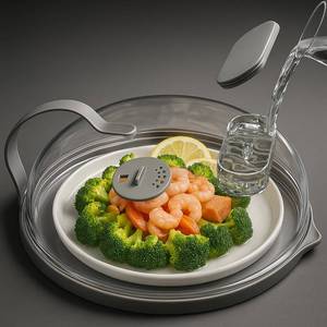 lot 3982 image: Microwave Splatter Cover with Water Steamer for Food - 10 Inch Steam Microwave Splatter Guard with Handle Plate Covers for Heating Food Splash Oven Lid with Built in Steamer