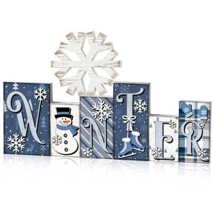 lot 4031 image: Yousoontic 2 Pcs Winter Table Decor Snowman Christmas Table Centerpieces Blue and White Snowman Tiered Tray Decor Snowflake Block Signs Winter Decorations for Home Kitchen Office Shelf