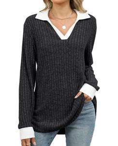 lot 4490 image: BAISHENGGT Womens Contrast Collared Shirts Casual Long Sleeve Ribbed Fall Tops Lightweight Tunic Sweaters Dark Grey M