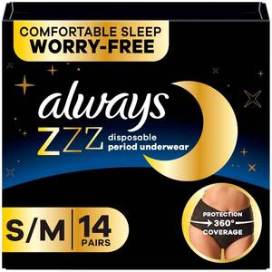 lot 9457 image: Always ZZZ Overnight Disposable Period Underwear for Women SmallMedium, 360° Coverage for Worry-Free Nights, 14 Count (2 Packs of 7) S