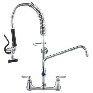 lot 9464 image: VEVOR Commercial Faucet with Pre-Rinse Sprayer, 25 Height, 8 Center, 12 Swing Spout, Wall Mount Kitchen Sink Faucet, Brass Constructed Device with Pull Down Spray, for 123 Compartment Sink
