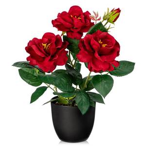 lot 9470 image: Hollyone Artificial Plants & Flowers with Vase Red Roses Artificial Flowers Small Potted Plant Faux Silk Flower with Black Pot Fake Rose Flower Arrangement Office Shelf Desk Home Decor 11 Inch