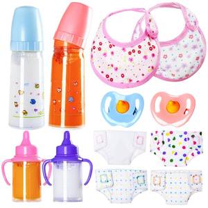 lot 9477 image: Kuihaazi 12PCS Baby Doll Accessories Set,Doll Pretend Play Feeding Toys,Baby Doll Feeding Include Disappearing Milk and Juice Bottles,Pacifier,Bibs,Diapers