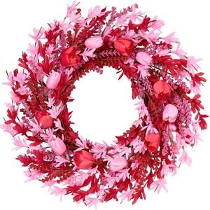 lot 9484 image: zjlmit Valentines Day Decorations 22 Inch Valentines Day Wreath Pink Flower Wreaths for Front Door with Red Tulip Pink Forsythia Flowers for Valentine Wedding Anniversary and Holiday Decorations