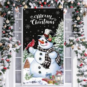 lot 10119 image: Christmas Snowman Door Cover Merry Christmas Door Decorations Winter Snowman Backdrop Background Banner for Front Door Porch Xmas Party Decor Supplies (Black)