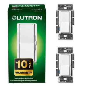 lot 10134 image: Lutron Diva LED Dimmer Light Switch for Dimmable LED, Halogen, and Incandescent Bulbs, 150 Watt, Single-Pole or 3-Way, DVCL-153P-WH, White (2-Pack)