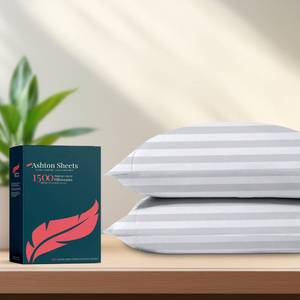 lot 10135 image: Ashton Sheets 100% Egyptian Cotton Queen Pillow Cases Set of 2 - Luxury 1500 Thread Count Damask Pillow Cases Standard Size (White Stripe), Silky Soft, Breathable & Cooling Striped Sateen Pillowcases
