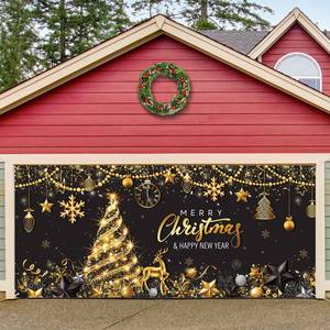 lot 10145 image: Tiamon Christmas Garage Door Banner 7 x 16 ft Black Gold Garage Murals Merry Christmas Decorations Outdoor Large Xmas Backdrop Xmas Door Cover