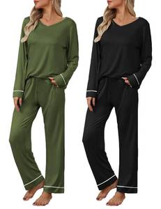 lot 10147 image: Ekouaer Womens 2 Pack Pajama Set Long Sleeve Pajamas Top and Pants V Neck Pjs Set Soft Loungewear with Pockets Black,army Green
