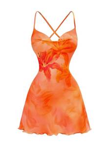 lot 10153 image: WDIRARA Womens Floral Halter Cami Dress Draped Sleeveless Criss Cross Backless Mini Dresses Orange Small