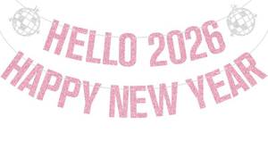 lot 10173 image: Pink Glitter Hello 2026 Happy New Year Banner, 2026 New Years Eve Photo Background, Cherrs to the New Year 2026 Party Decorations Supplies
