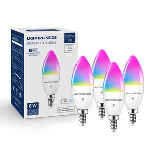lot 10174 image: Lightinginside E12 Smart Light Bulbs 60W Equiv., Work with AlexaGoogle HomeSmart Life, 500LM 6W RGBCW Candle Candelabra LED Light Bulbs, No Hub Required, 2.4G WiFi Bluetooth Bulb, ETL Listed, 4PCS
