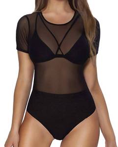 lot 10183 image: MANGOPOP Womens Mesh Bodysuit for Women Sheer Short Sleeve Crew Neck Bodysuits Sexy See Through Clubwear Shirt Tops, Short Sleeve Black, Medium