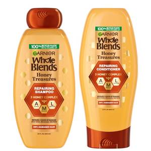 lot 10202 image: Garnier Whole Blends Honey Treasures Repairing Shampoo and Conditioner Set for Dry, Damaged Hair, 22 Fl Oz (2 Items), 1 Kit (Packaging May Vary)