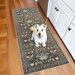 lot 11418 image: 2x6 Washable Hallway Runner Rug Vintage Floral Kitchen Rugs with Non-Slip Backing Low Pile Water Resistant Carpet for Living Room Bedroom Soft Floor Mat for Bathroom Laudry Dining Room(2x6,Green)