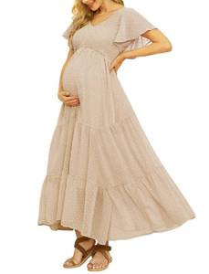 lot 11423 image: Swiss Dot Smocked Maternity Dress for Baby Shower Photoshoot Casual V Neck Ruffle Sleeve Empire Waist Tiered Boho Dress Pale Peach