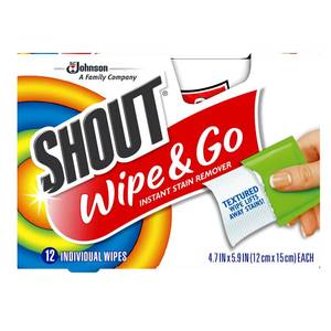lot 13533 image: Shout Wipes Stain Remover for Clothes Laundry, Instant Stain Remover and Individually Wrapped, Travel Essentials, Works on Everyday Stains, 12 Wipes per Carton (6 Cartons)