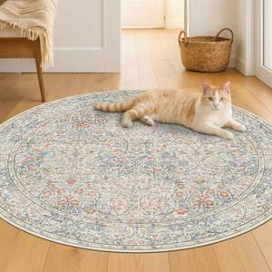 lot 13546 image: Hazo Haus Beige Blue Round Nursery Rug 5ft - Pastel Circular 5x5 Rug for Kids Room, Living Room, Bedroom, Playroom, Home Office, Washable Non Slip Cozy French Country Style Aesthetic Room Decor