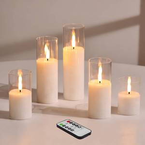 lot 13553 image: Girimax Clear Glass Flameless Candles with Remote Batteries, Flickering Slim LED Pillar Candles Set of 5