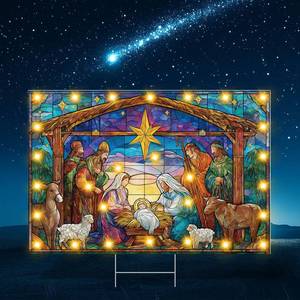 lot 13561 image: Beeveer 16 x 24 Inch Lighted Glass Nativity Sign Jesus is The Reason for The Season Sign Nativity Scene Jesus Christmas Decorations with Stake for Outdoor Xmas Party