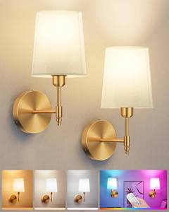 lot 13573 image: Ouyulong Battery Operated Wall Sconces Set of 2, Wireless Rechargeable Dimmable Wall Light with RGB Bulb and Remote for Bedroom, Living Room, Hallway (Gold)