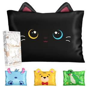 lot 14277 image: Miss Adola Kids Pillowcases Queen Size 20x30 - Cute Cartoon Soft Breathable Silk Pillow Cases for Hair and Skin with Hidden Zipper for Girls Fun Kawaii Design for Bedding, Black Cat