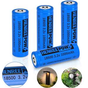 lot 14309 image: Henreepow 18500 Rechargeable Battery, 3.2v LiFePO4 Lithium Phosphate Battery 1000mAh for Outdoor Garden Solar Lights, Flashlight (4 Pack)