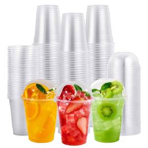 lot 15466 image: FOCUSLINE 200 PACK 12oz Clear Plastic Cups, Disposable Cold Drinking Cups, 12 Ounce Clear Cups with Dome Lids with Holes for Smoothie, Milkshake, Bubble Tea, Parfait
