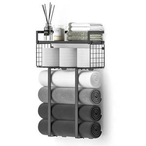 lot 15489 image: Xstydes Towel Racks for Bathroom, Metal Towel Holder with Storage Basket,Wall Towel Rack for Rolled Towels, Towel Storage for Small Bathroom,Black