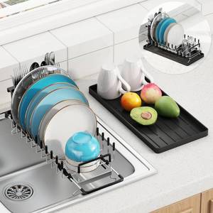 lot 15498 image: ANTOPY Small Dish Drying Rack - Expandable 304 Stainless Steel Rustproof Dish Rack Over Sink with Silicone Drying Mat & Cutlery Holder, Compact Dish Drainer for Kitchen Counter, Inside Sink, Silver