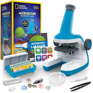 lot 15505 image: NATIONAL GEOGRAPHIC Microscope for Kids - Science Kit with an Easy-to-Use Kids Microscope, Up to 400x Zoom, Blank and Prepared Slides, Rock & Mineral Specimens, STEM Project Toy
