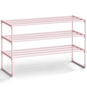 lot 15513 image: SONGMICS Shoe Rack, 3-Tier Shoe Organizer, Metal Storage Shelf, Upright or Upside Down, for 16-20 Pairs, Stackable, for Entryway, 11.8 x 36.2 x 21.7 Inches, Jelly Pink ULSA303S01