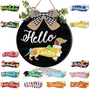 lot 16322 image: 16 Pcs Interchangeable Dog Wooden Door Hanger Ornaments Rustic Dachshund Seasonal Home Sign Replaceable Hanging Vertical Welcome Sign Front Door Porch Decor for Wall Outdoor Xmas Fall Decor (Black)