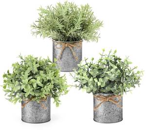 lot 16336 image: Mkono Small Fake Plants in Farmhouse Galvanized Metal Pots 3 Pack Potted Artificial Plant Eucalyptus for Laundry Room Bathroom Shelf Table Decor