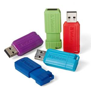 lot 16338 image: Verbatim 8GB Pinstripe USB 2.0 Flash Drive Retractable Thumb Drive - 5 Pack - Multicolor (Green, Blue, Red, Purple, Cyan)