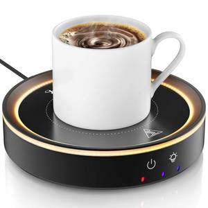 lot 16387 image: Trivoxia 36W Mug Warmer, 3 Temperature Settings, Auto Shut Off (2-12H), Max 176°F, Wood Grain Design with Ambient Light,Ideal Gift for Home & Office (Black)