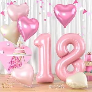 lot 16391 image: 40 Inch Pink 18 Balloons, Big Light Pink 18 Balloon Number with 18 Inch Baby Pink Cream White Foil Heart Balloons for Girls 18th Birthday Party Baby Shower Anniversary Princess Party Decorations