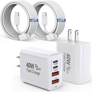 lot 16401 image: 10FT iPhone 17 16 15 Pro Charger,2Pack 10Foot USB C to C Woven Cable Cord 40W USB C Apple Charger 4 Port PD&AC Charge Block Fast Charging for iPhone 17 Air17 16 15 Pro Max16e16 Plus1515 ProiPad