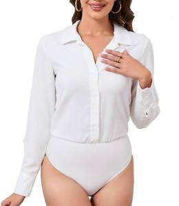 lot 16417 image: PBQOA Long Sleeve Collared Shirt Women Bodysuit Blouse Button Down Dressy Shirts Wrinkle Free Business Office White,M