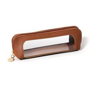 lot 16444 image: JIUANODD Small Clear Makeup Brush Bag, Brown PU Leather Travel Cosmetic Pouch, Transparent Waterproof Pencil Case Organizer with Zipper for Women Home & Office Storage