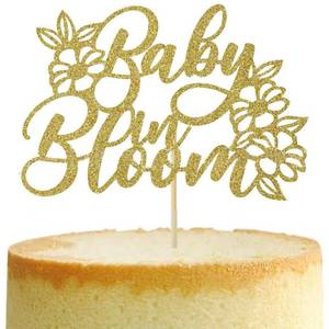 lot 16464 image: Baby in Bloom Cake Topper, Glitter Design, 14.5 cm x 10 cm, Floral Baby Shower Decoration (Gold)