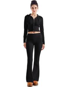 lot 16466 image: SUUKSESS Women 2 Piece Knit Sets Cropped Zip Up Hoodie Foldover Flare Leg Pants(Black, XS)