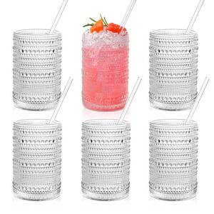 lot 17114 image: KMIGRUAN Hobnail Drinking Glasses with Straws 15oz Vintage Glassware Set of 6 Embossed Vintage Water Cups, Highball Glasses for Cocktail,Whiskey,Beer and Juic