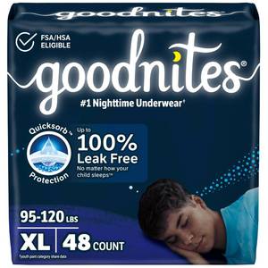 lot 17117 image: Goodnites Boys Nighttime Bedwetting Underwear, Size Extra Large (95-120 lbs), 48 Ct (2 Packs of 24), Packaging May Vary