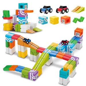 lot 17146 image: QBI Magnetic Building Blocks Car Track Set, 46PCS STEM Learning Toys for Kids Ages 4-8, Sensory Magnetic Blocks with 2 Push-and-go Cars  Educational Montessori Magnet Cubes for Boys & Girls