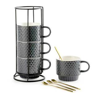 lot 17156 image: Gomakren Coffee Mugs Set of 4, 13 Ounce Stackable Coffee Mug Set with Stand, Stoneware Coffee Cup with Spoon for Coffee, Milk, Tea, Cocoa, Grey
